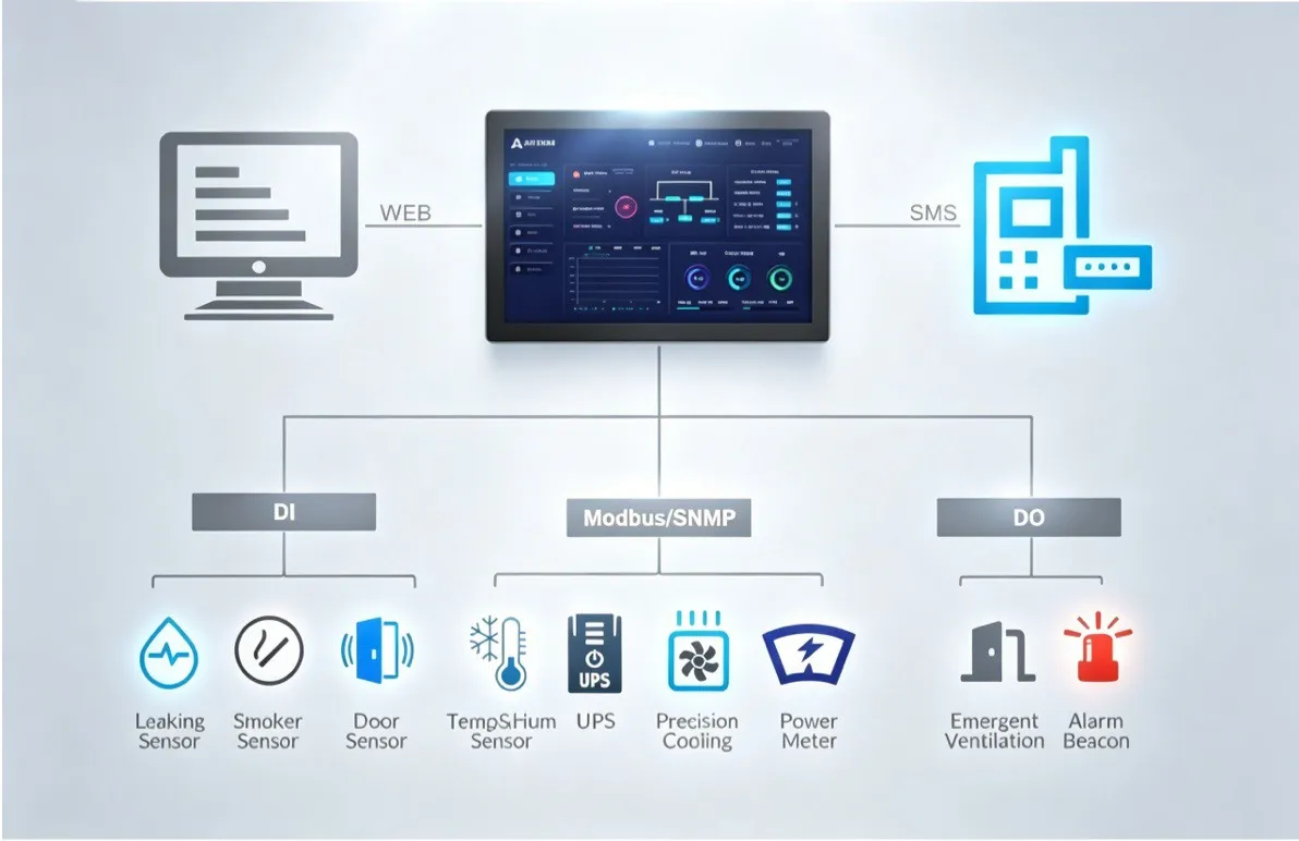 DCIM comprehensive monitoring host - supports Modbus-RTU/TCP and SNMP protocols, alarm alerts via SMS/call/light-sound, fire action (door/panel open, cooling stop)