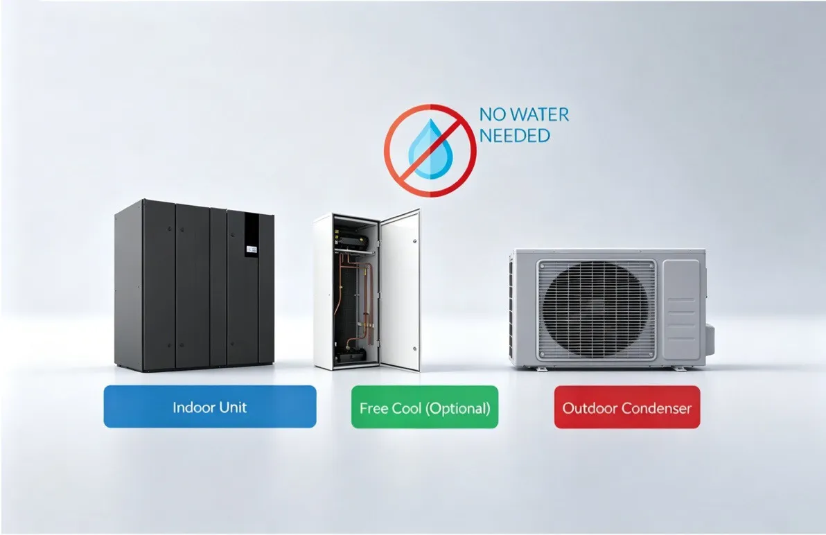 WiseAir indirect free cooling CRAC - refrigerant pump technology, no water loop into server room, no dust or moisture intrusion for green data centers