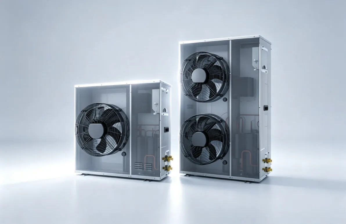 SmoothAir outdoor condenser for split cooling - IP55 waterproof, EC fan stepless speed adjust, quick-connect piping, anti-corrosion coating for harsh environments