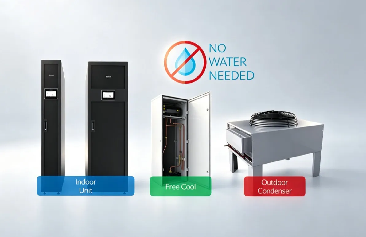SmoothAir indirect free cooling in-row unit - no water loop into server room, no dust/moisture concern, automatic mode switching for green data centers