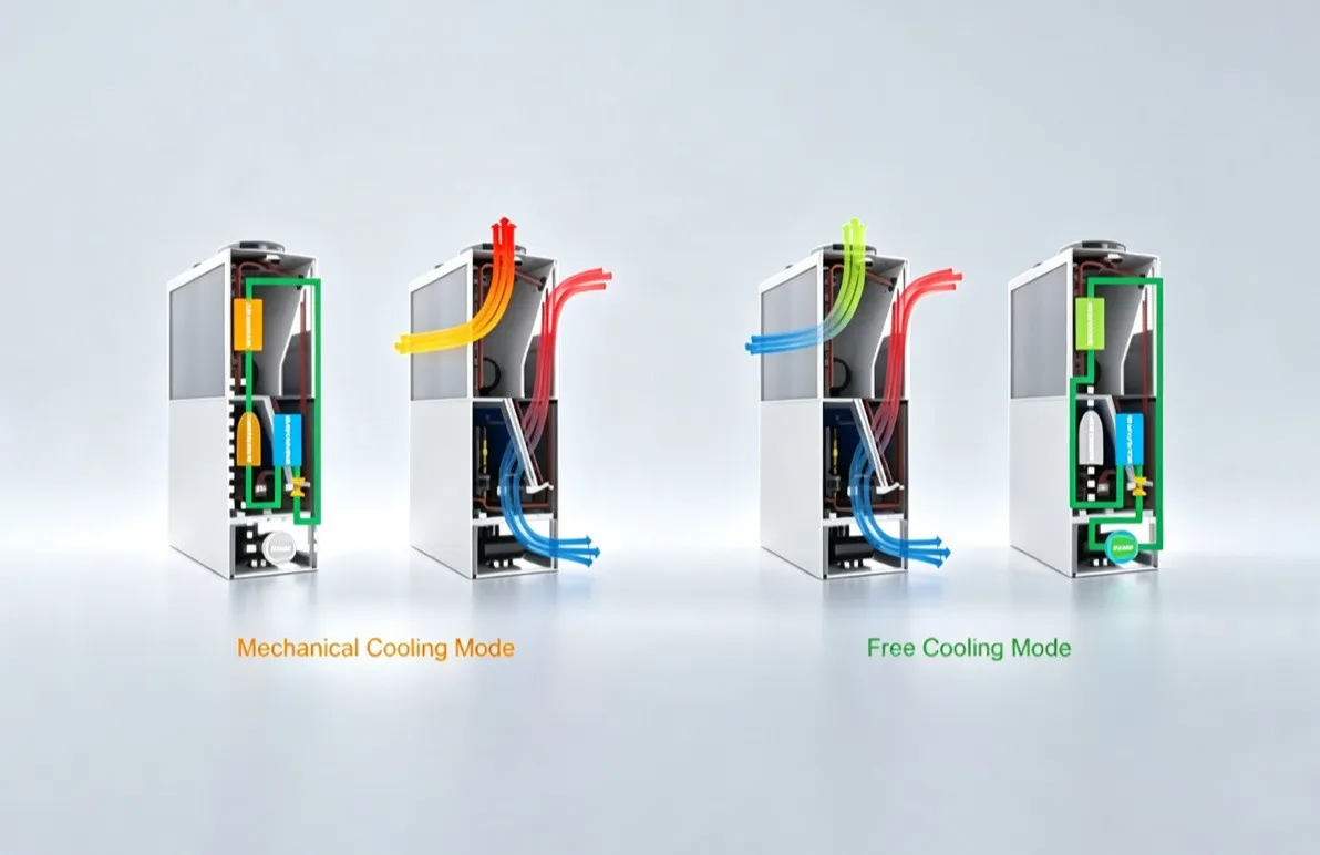 SmoothAir indirect free cooling system - refrigerant pump technology with PUE as low as 1.2, no water loop into server room
