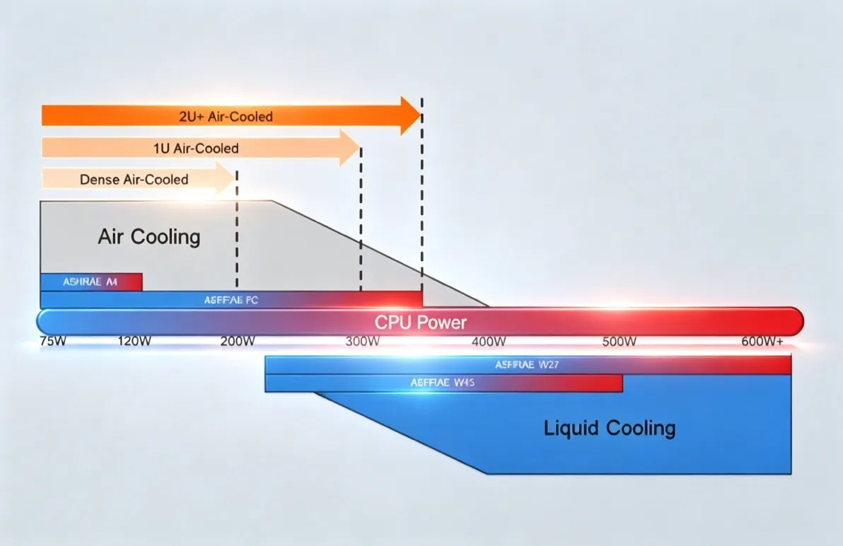 Liquid cooling necessity threshold - 250-400W per server: liquid cooling becomes beneficial; above 400W: only viable cooling solution for AI and HPC