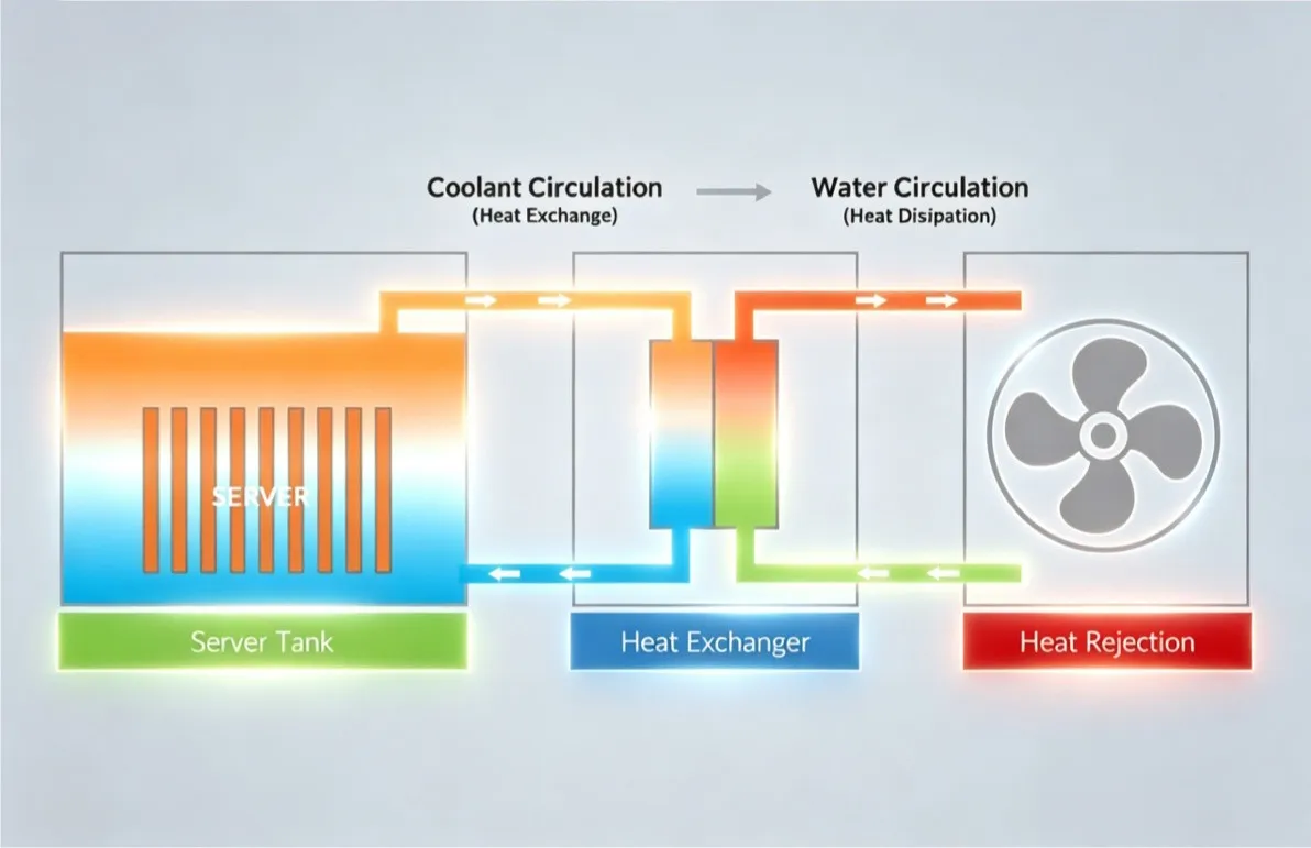 Single-phase immersion cooling working principle - servers immersed in fluoride liquid or mineral oil, heat transfer to coolant distribution unit and cooling tower for free cooling year-round